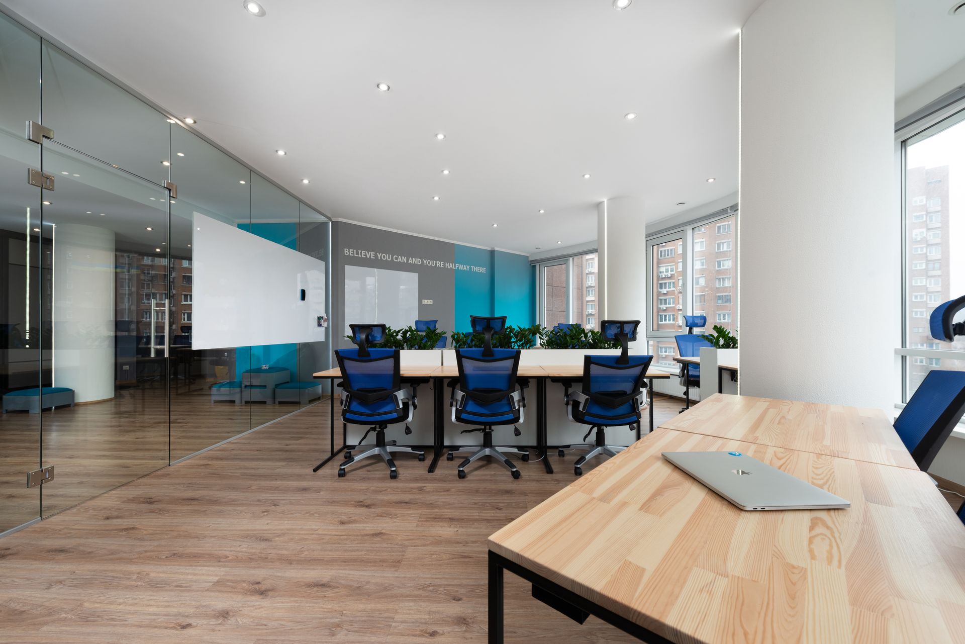 Spacious conference room with glass doors