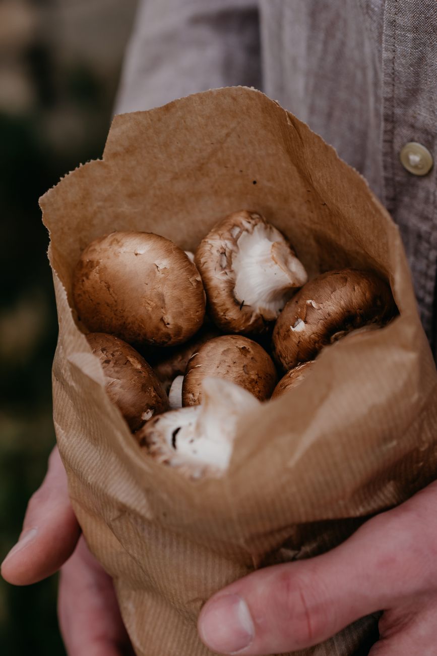 Close-up of fresh brown mushrooms held in a brown paper bag. Ideal for food and organic themes.