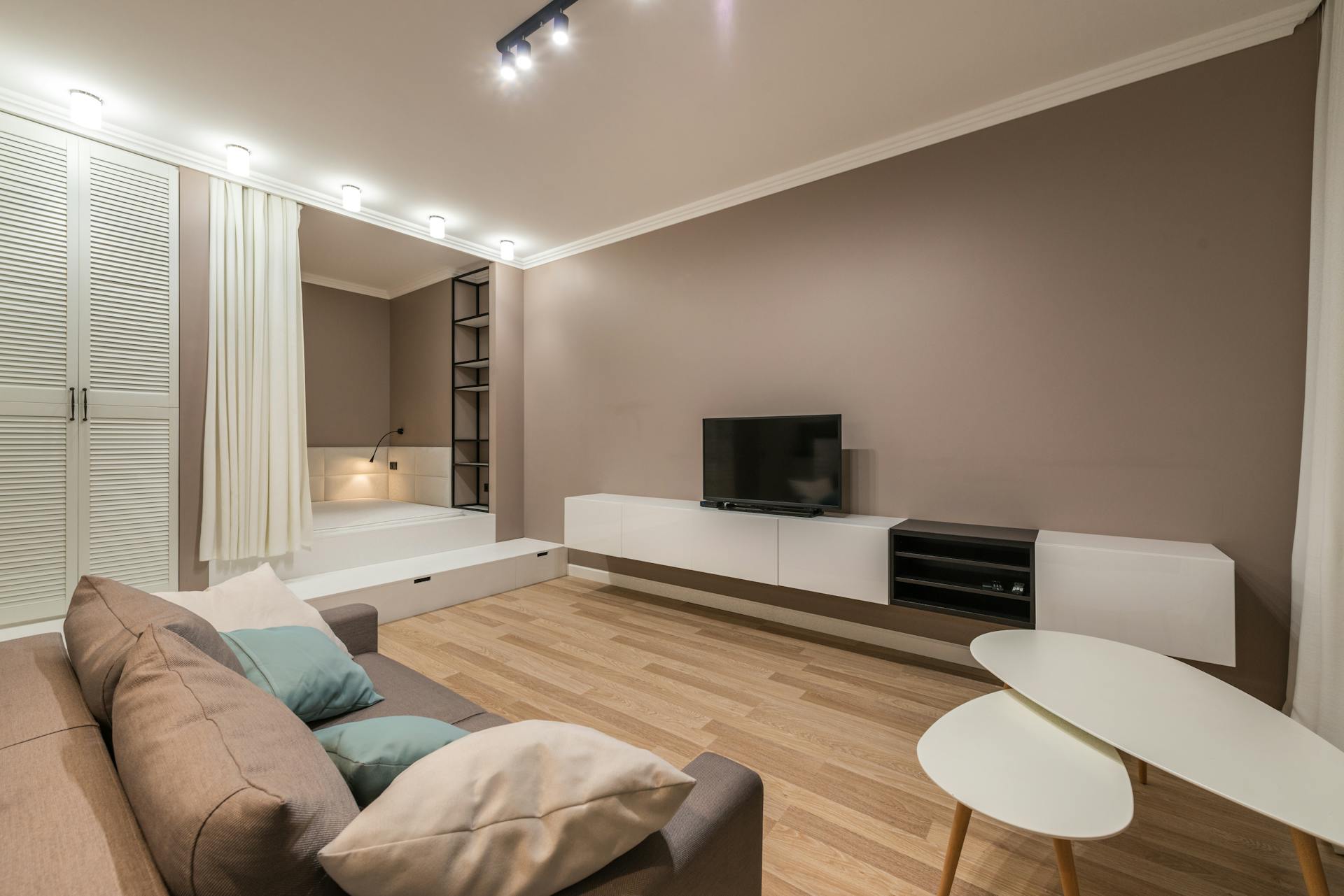 Inside view of contemporary comfortable living room furnished with sofa and TV set with bed behind curtain in corner