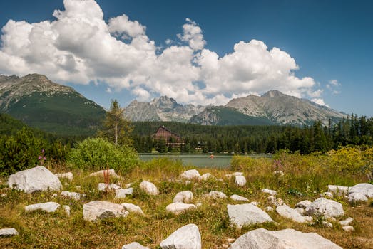 Beautiful view of mountains, lake, and fluffy clouds under a bright sky.