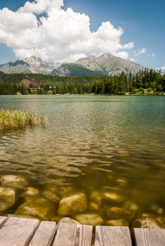 Serene view of Strbske Pleso lake with High Tatras backdrop in Slovakia on a clear day.