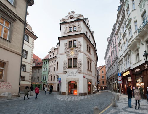 Free People Walking on the Street near Aurus Hotel in Prague Stock Photo