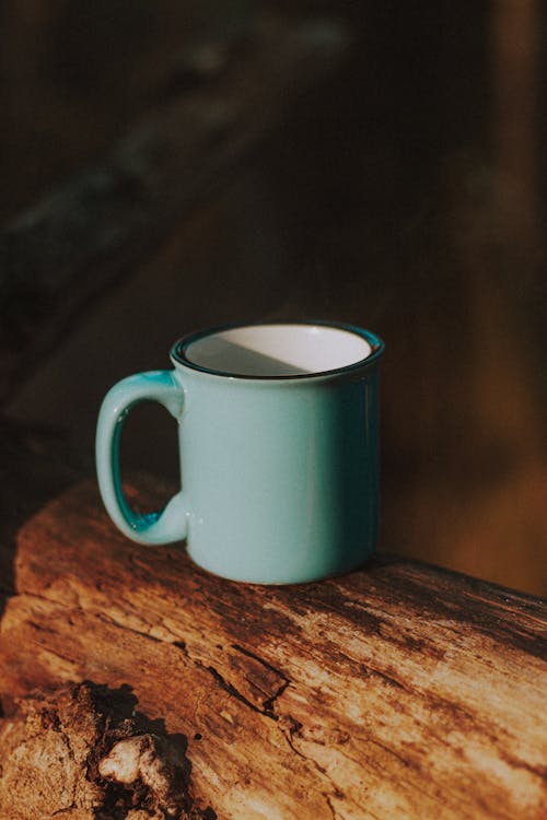 Mug of hot drink on tree trunk in sunshine