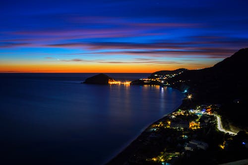 Aerial Shot of Beachfront Properties at Night