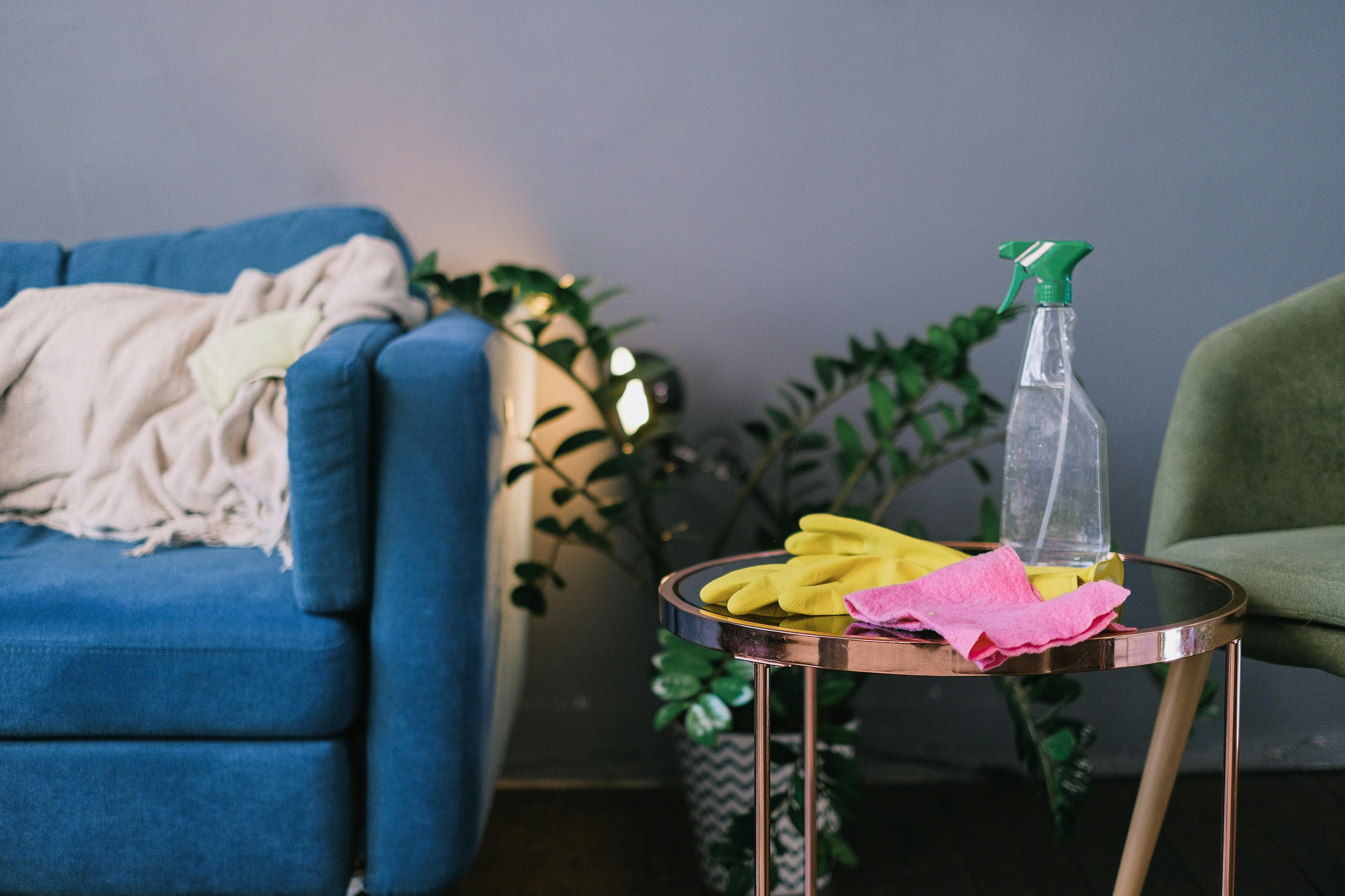 cleaning products placed on table in living room