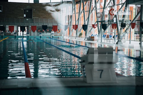 Through glass wall view of starting platform with number against textile garland above shiny pool with unrecognizable sportspeople swimming during training