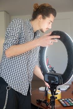A young man sets up a ring light for a video presentation indoors.