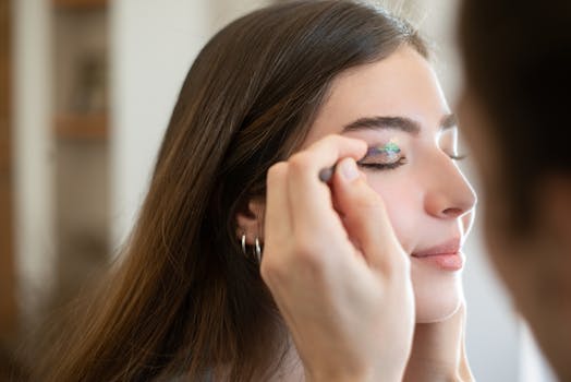 A close-up shot of a woman with eyes closed as a makeup artist applies glitter eyeshadow.