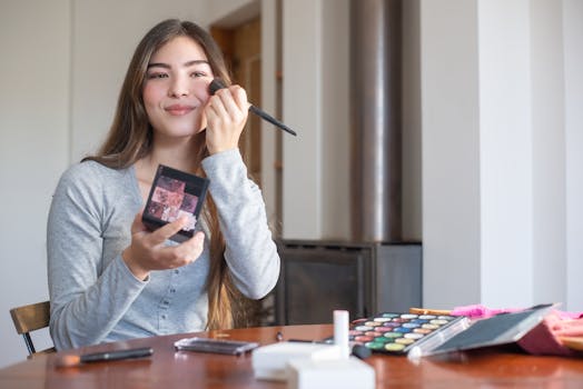 Young woman applying blush on cheeks with a makeup brush at home, smiling.