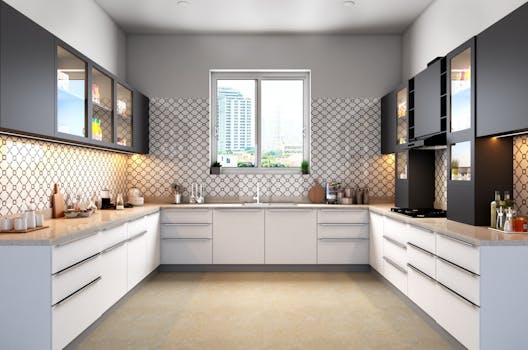 Sleek modular kitchen with contemporary cabinets and tile backsplash, showcasing urban style.