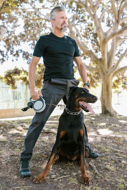 Free Man in Black Shirt Standing Beside a Dog Stock Photo