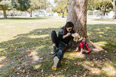 Woman sitting under a tree with her dog on a sunny day