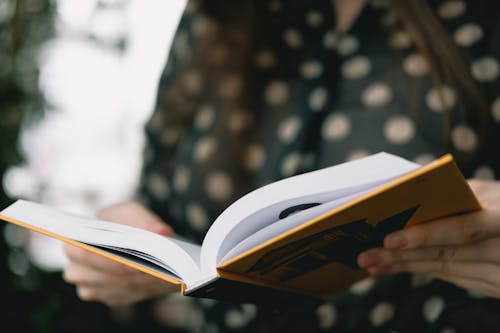 Crop faceless woman reading novel at home