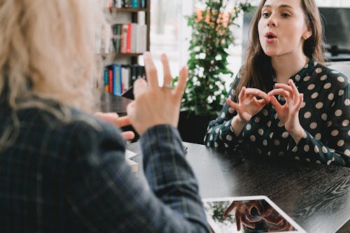 Free Young female friends communicating using sign language in library Stock Photo