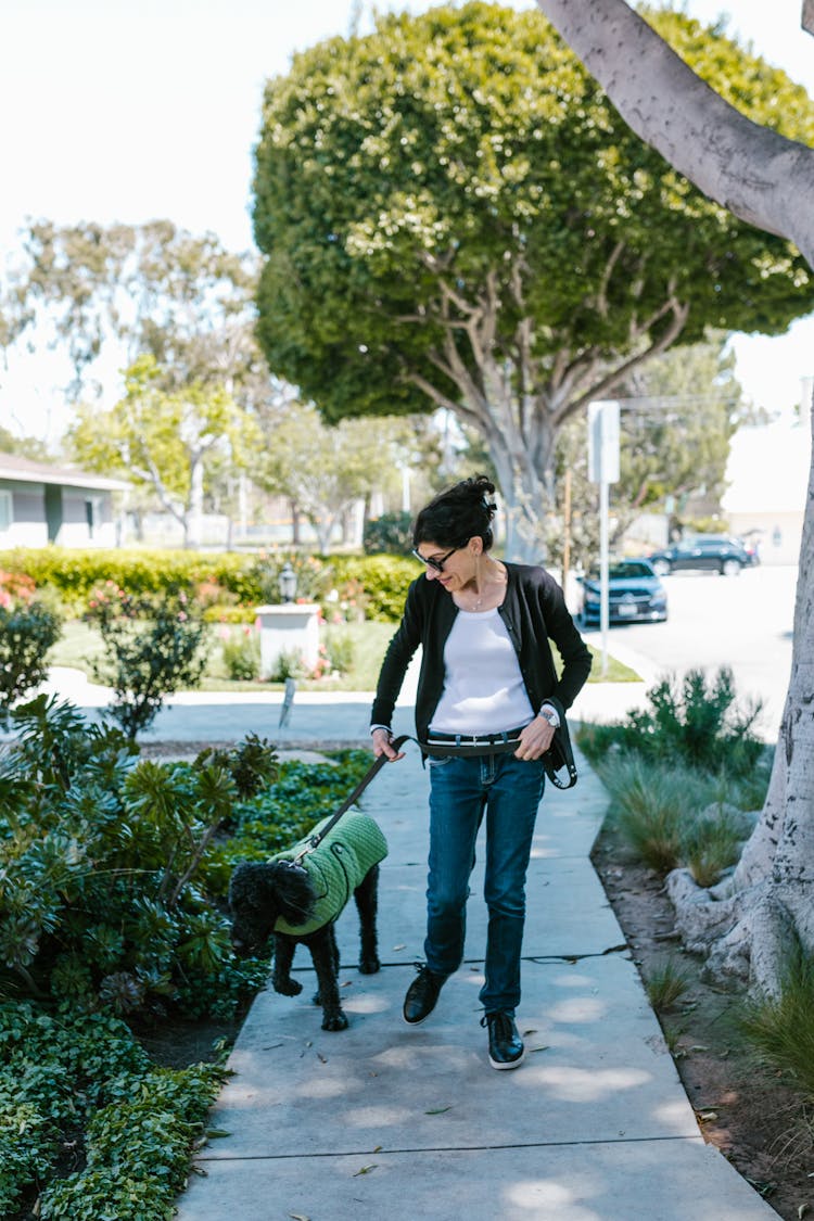 A Woman Walking With Dog 