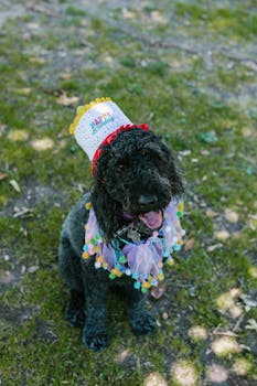 A joyful poodle wearing a colorful birthday hat and neck garland in a playful outdoor setting.