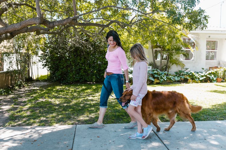 A Woman And Girl Walking With Dog