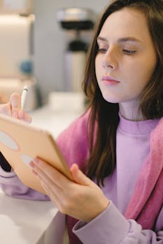 Crop serious female millennial with long dark hair in stylish casual outfit using tablet with stylus while sitting at table in modern room