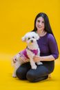 Woman in Purple Shirt Holding White Dog