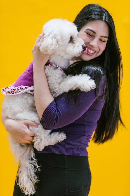 Woman in Purple Long Sleeve Shirt Carrying White Puppy