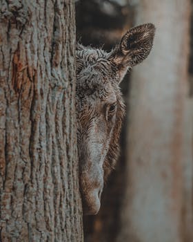Brown wild fluffy young moose with soft ears hiding behind trunk of tree with rough bark on blurred background