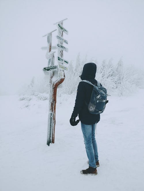 Person Wearing Black Hoodie and Blue Denim Jeans Standing over Frozen Arrow Signage over Snow Ground