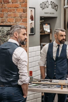 Sophisticated man in a vest gazing at his reflection in a trendy barbershop setting.