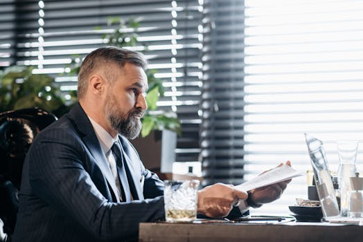 Serious businessman reviewing documents at desk in modern office setting.