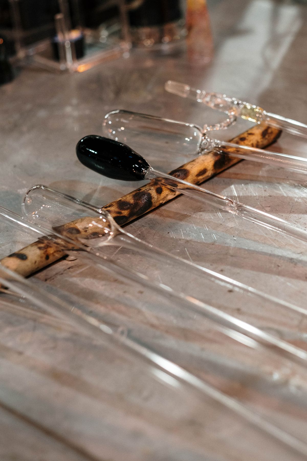 Inside a smoke shop with glass art on display
