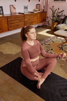 Woman practicing yoga indoors, seated in meditation pose on mat, enhancing mental well-being.