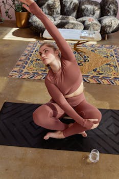 Caucasian woman engaged in yoga, meditating indoors on a mat, exuding a sense of tranquility and wellness.
