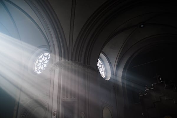 Church interior with beautiful stained glass windows