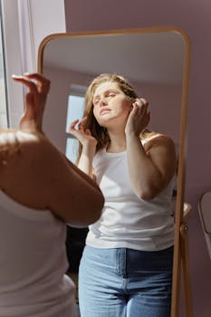 Woman in white tank top and jeans looking in mirror with a contemplative expression.