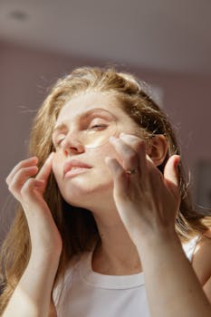 A woman gently applies under eye patches as part of her skincare routine in natural light.