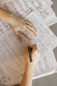 Hands writing chords on sheet music, top view of musical notes being edited.