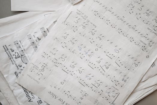 Artistic flat lay of guitar sheet music and chords, perfect for music enthusiasts.