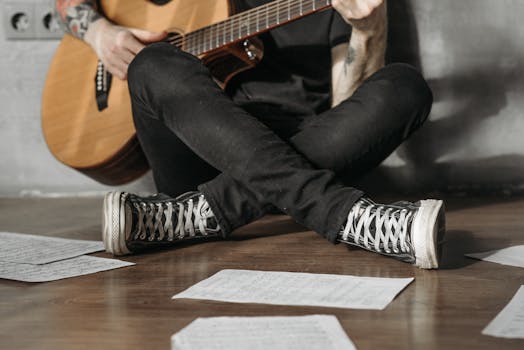 A person sitting on the floor with a guitar surrounded by sheet music, indoors.
