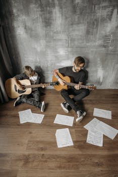 A parent and child bonding through guitar playing at home, surrounded by music sheets.