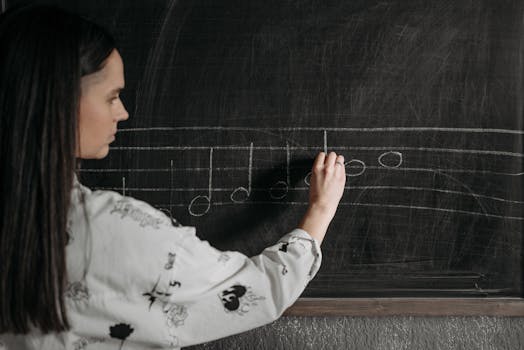 A woman writing music notation on a blackboard during a lesson.