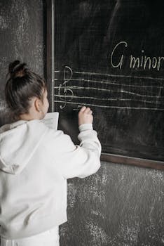 Young girl writing music notes on a classroom blackboard, learning A minor scale.