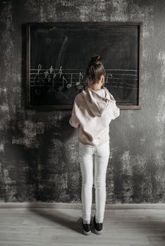 A child stands at a blackboard in a music studio writing musical notes during private lessons.