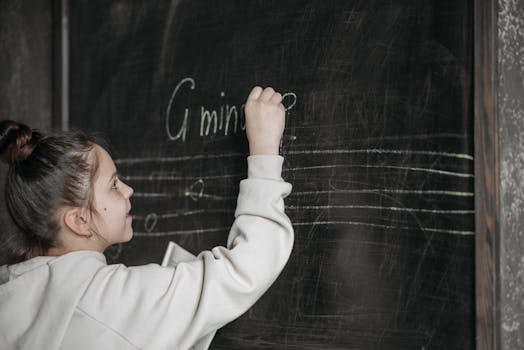 A girl writes music notes on a blackboard in a classroom, teaching or learning music theory.