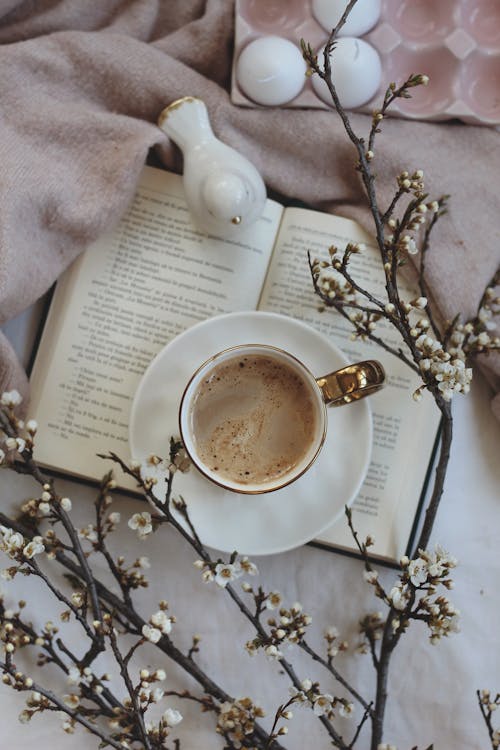 Free A Cup of Coffee on Top of an Open Book Stock Photo