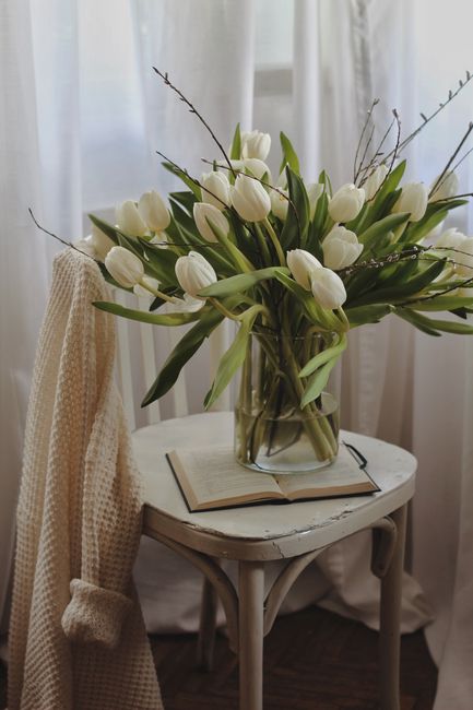 Elegant bouquet of white tulips in glass vase placed on chair with opened book in room near window