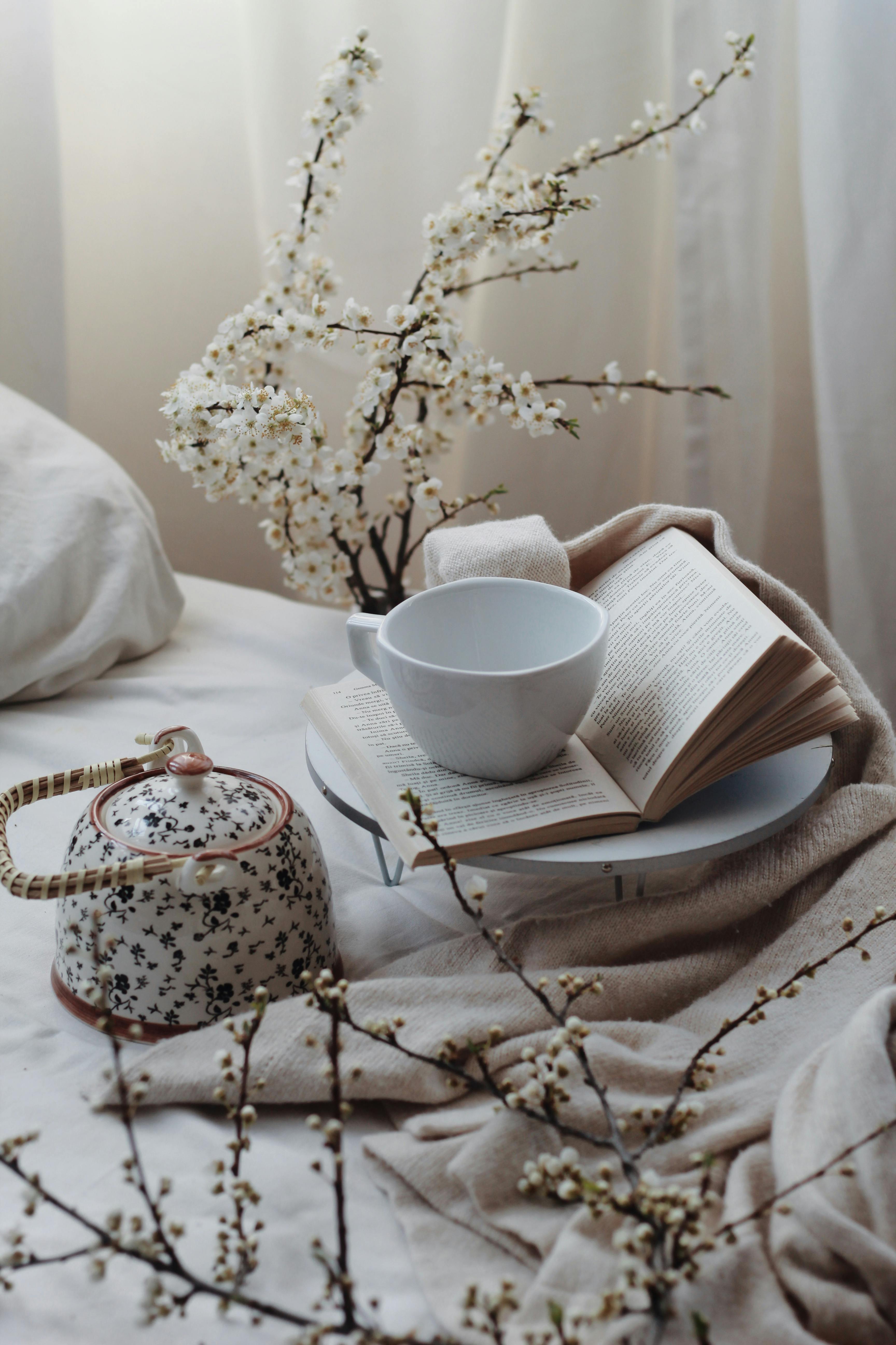 elegant composition of teapot and cup placed on bed with book
