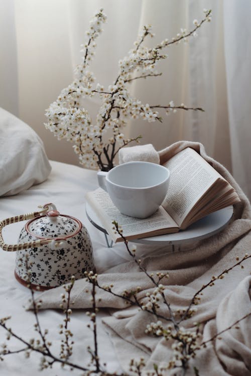 Free Elegant composition of teapot and cup placed on bed with book Stock Photo