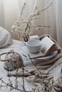 Elegant composition of teapot and cup placed on bed with book