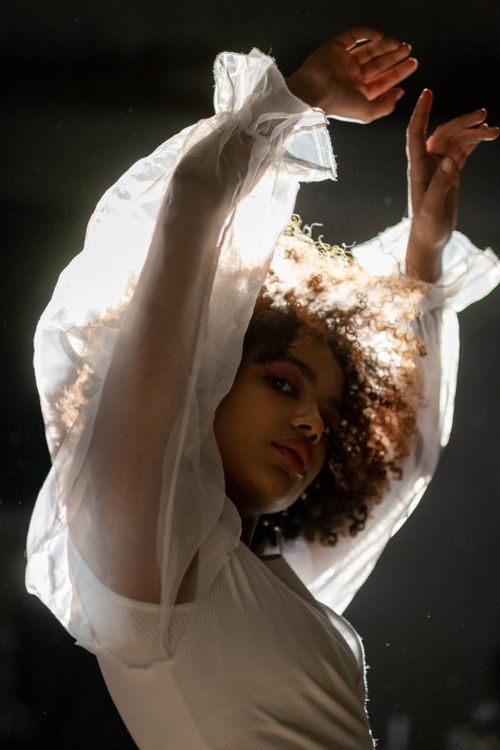 Free A captivating studio portrait of a young African American woman with afro hair, elegantly posing. Stock Photo