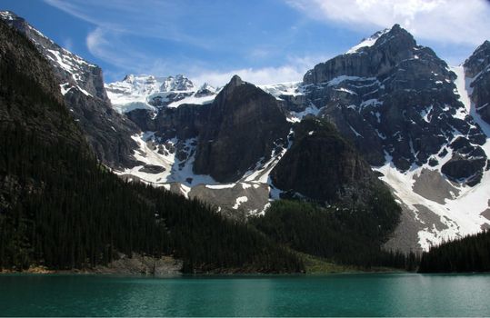 Stunning view of Lake Moraine with snow-capped peaks in Alberta, Canada.