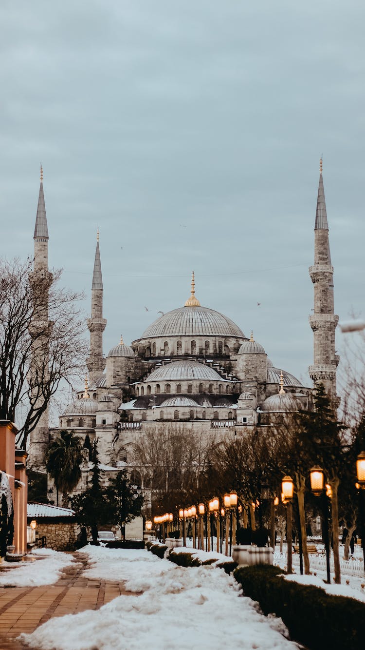 Blue Mosque Facade Against Pavement In Winter City